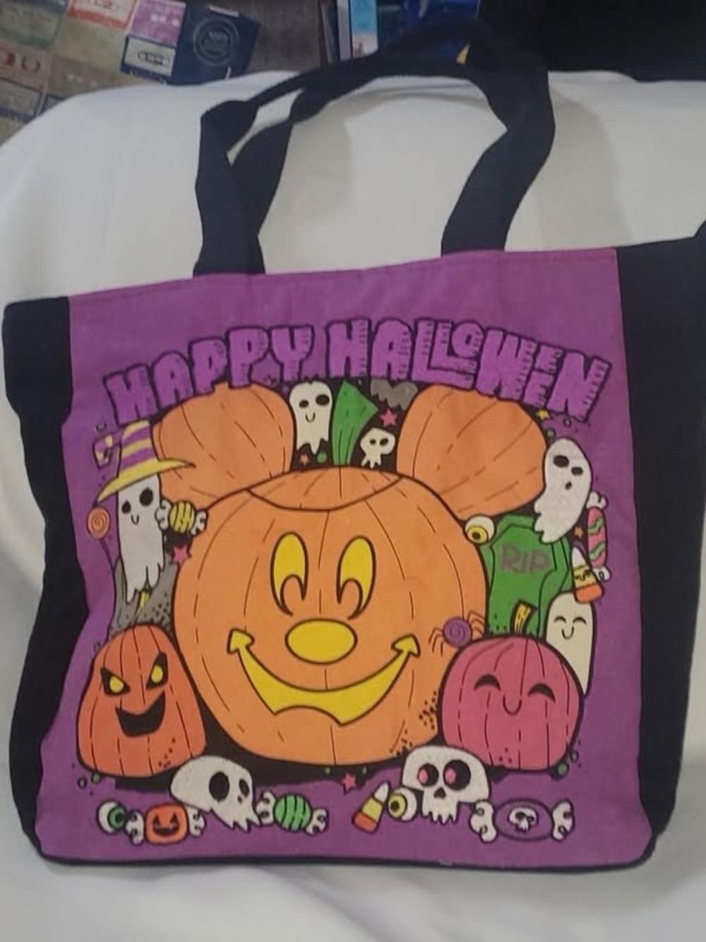 Disney Store Happy Halloween Mickey Pumpkin Tote Bag Purple and Black